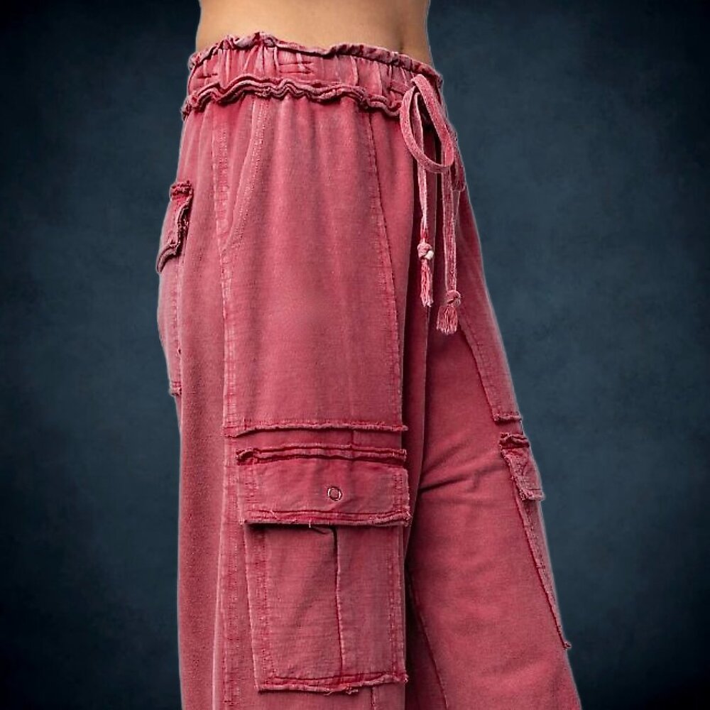📌 EASEL “Feeling Good Cargos” Mineral Wash Flared Leg Raw Seams & Hems, Pockets - Picture 3 of 16